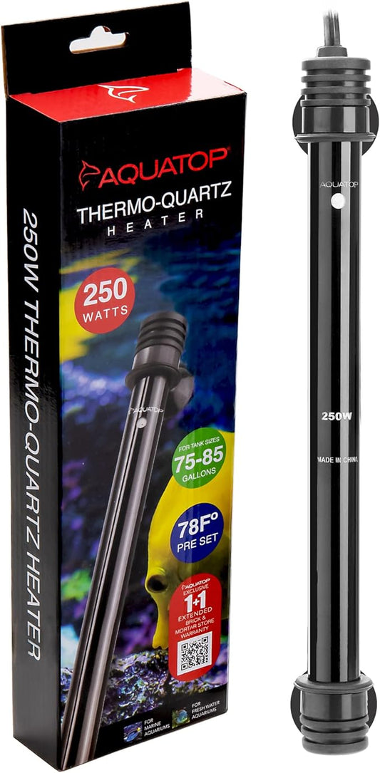 Aquatop 250W Thermo-Quartz Electronic Heater - Fully Submersible for Fish Tanks Up to 85 Gallons, Preset 78F Electric Thermostat, Fresh & Saltwater Use, Aquarium Heaters, TQ-250W