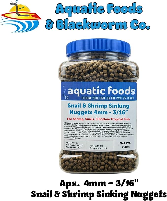 Snail & Shrimp 4mm Sinking 40% Protein Nuggets. Ideal for All Snails, Shrimp and Bottom Tropical Fish…2-lbs Jar