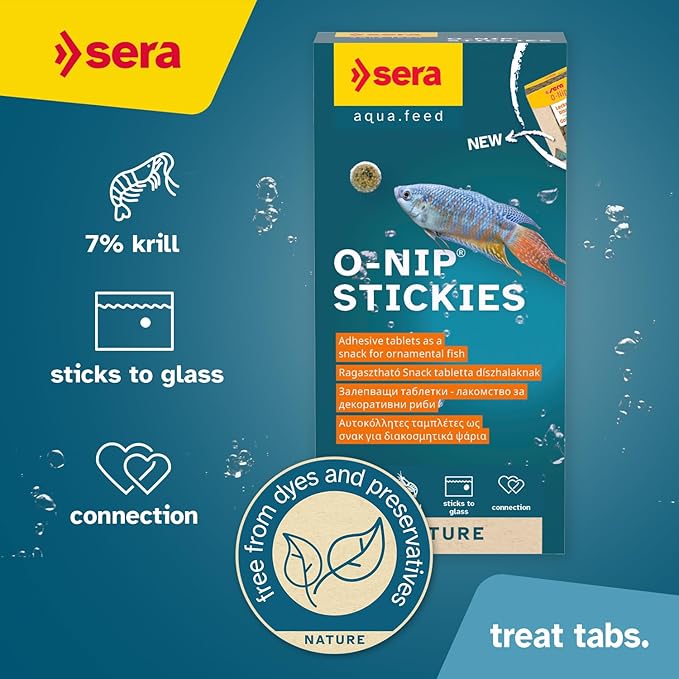 Sera O-Nip Stickies 24 Tabs 0.6 oz | Complete Feed for All Ornamental Fish | Adhesive Tablets Stick to The Aquarium Glass | High Protein | No Dyes & Preservatives | with Bloodworms, Krill & Tubifex