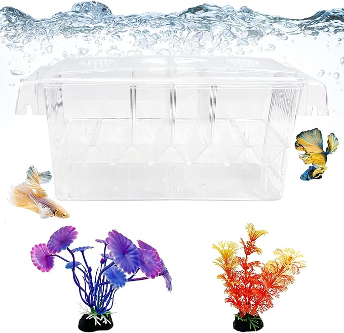 Tfwadmx Fish Breeding Box - 4 Rooms HD Aquarium Breeder with Suction Cups, Baby Hatchery Acrylic Incubator Isolation Box, Artificial Plant for Guppy Hatchery