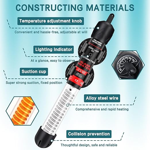 Adjustable Aquarium Heater Aquarium Heater,Submersible Adjustable Fish Tank Heater 25W,Rotatable and Adjustable Temperature Control, Used for 8 Gallon