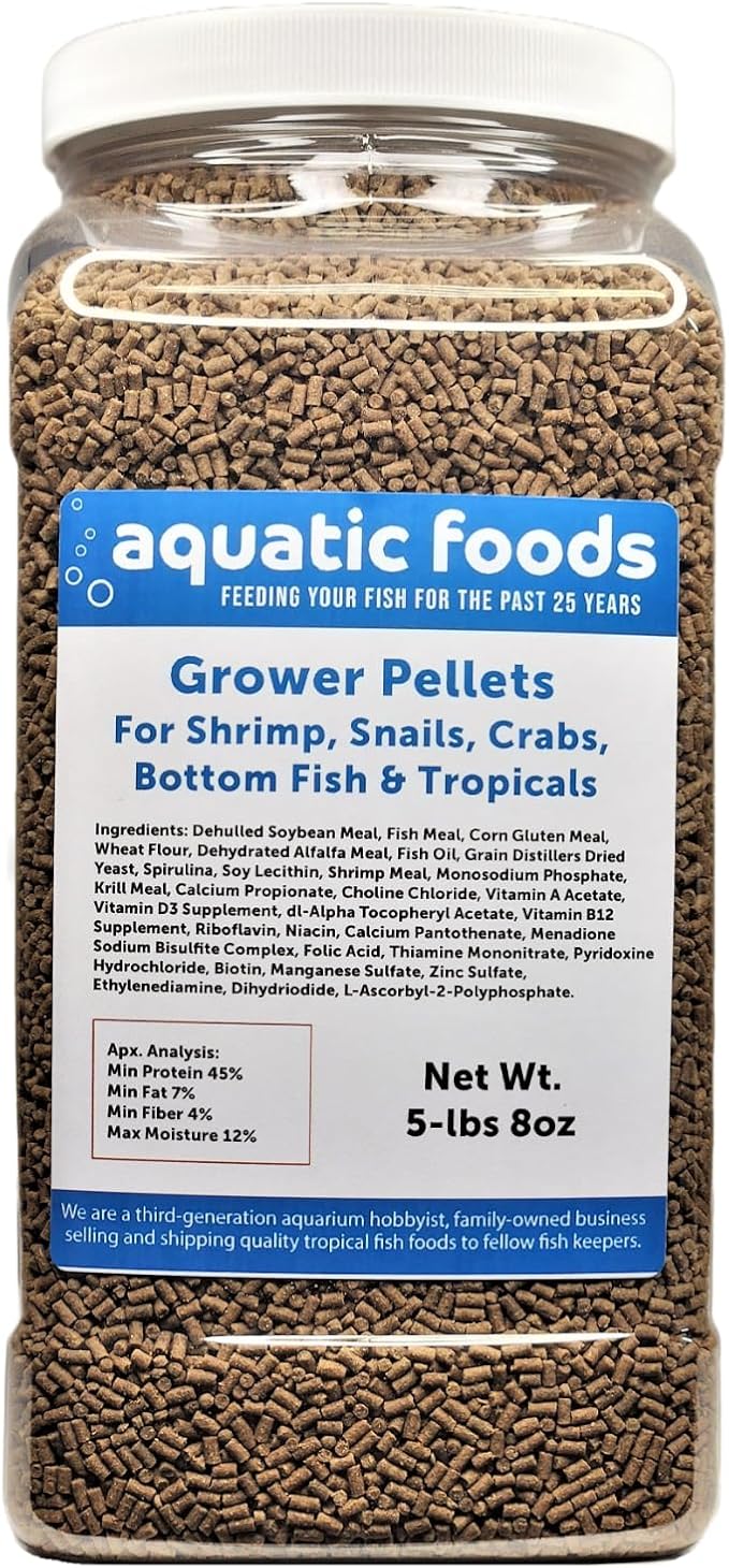 Shrimp Grower 45% Protein Sinking Pellets 1/16" x 3/8" for Shrimp, Snails, Crabs, Catfish, Plecos, All Tropical Fish - 5-lb 8oz Large Jar by Zeigler