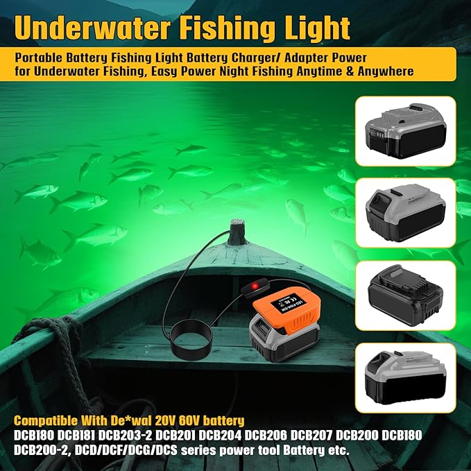 Underwater Fishing Green Light Compatible with DeWalt 20V Battery,1300 Lumens, LED Light for IP68 Waterproof Submersible Fish Lighting Attractants for Night Fishing, Docks, Boats, Kayaks(No Battery)