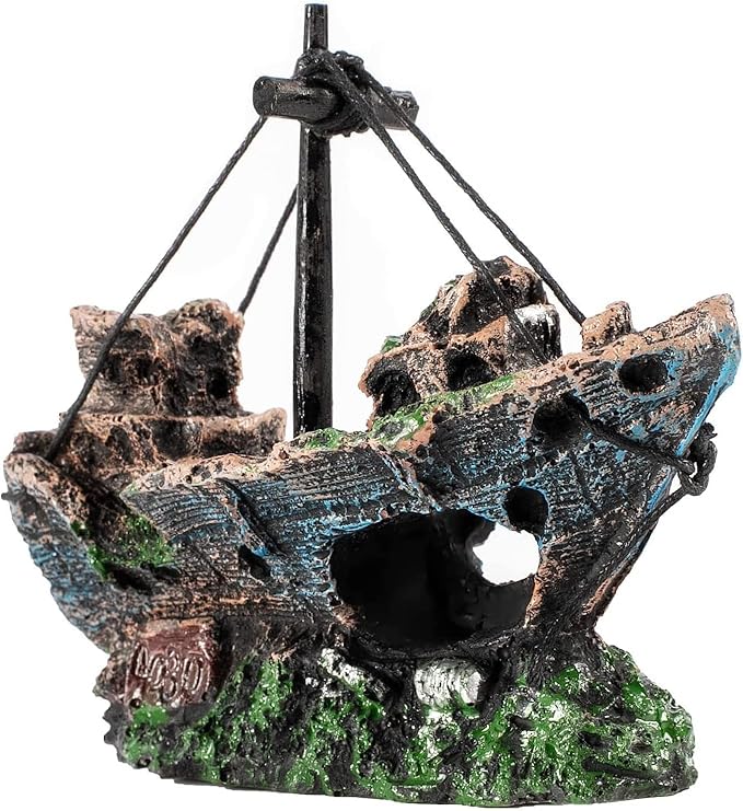 Fish Tank Shipwreck Decoration, Ship Aquarium Sunken Treasure Landscaping, Old Pirates Ship Resin Crafted for Fish Hideout