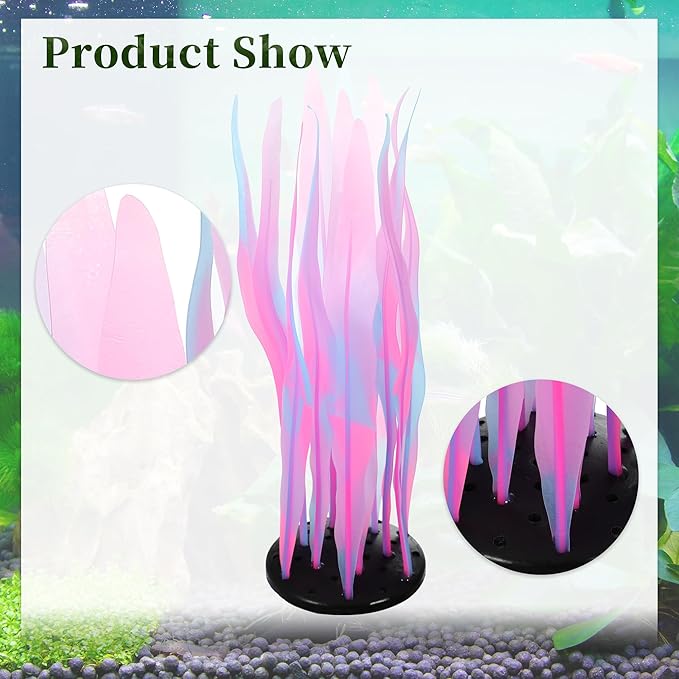 Aquarium Glowing Kelp Plant, Soft Silicone Glowing Fish Tank Decorations, Fluorescence Coral Decor for Aquarium Decor Pink 2pcs