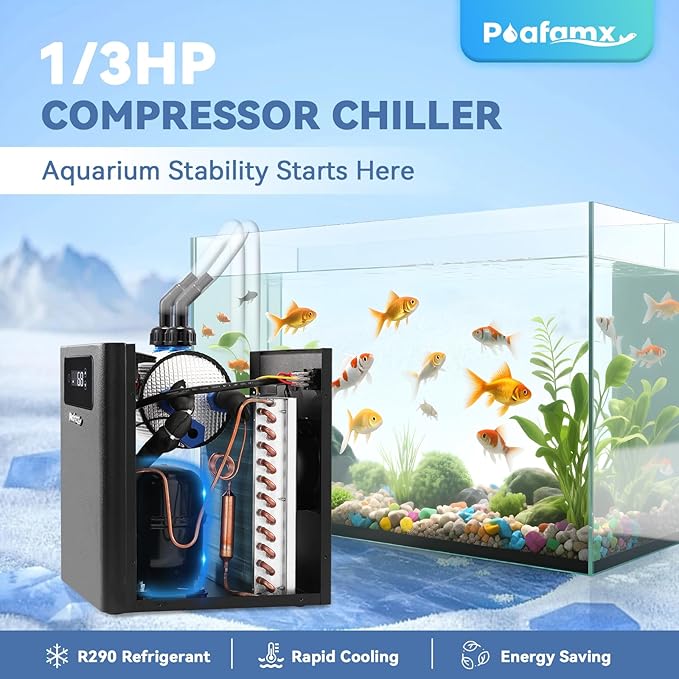 Poafamx Aquarium Chiller 1/3 HP, 79Gal Water Chiller with Upgraded LED Display, Water Pump and Pipe, Quiet Aquarium Cooler for Fish Tank Axolotl Coral Hydroponics System