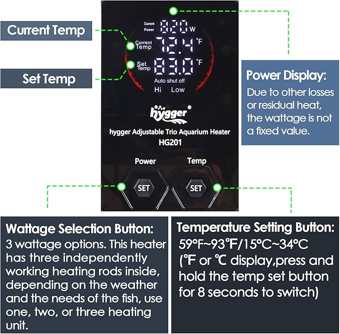 hygger Aquarium Heater Adjustable Triple-Power, Submersible Fish Tank Heater Four Season Power Change, with Digital Controller Abnormal Error Stop Protection for Freshwater Saltwater (500-1000W-1500W)