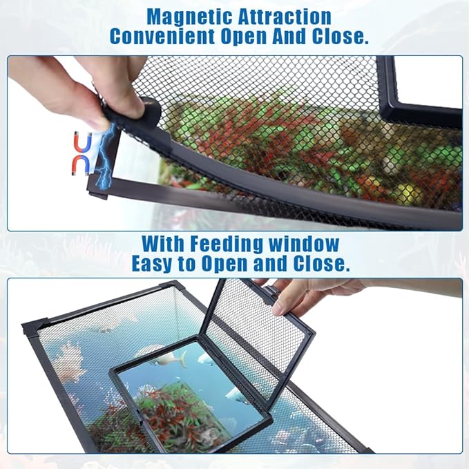Magnetic Fish Tank Lid with Feeding Window, SEILETOO High Transparency Fish Tank Cover, Aquarium Lid Can be Cut to Any Size, Fish Anti Jumping Net