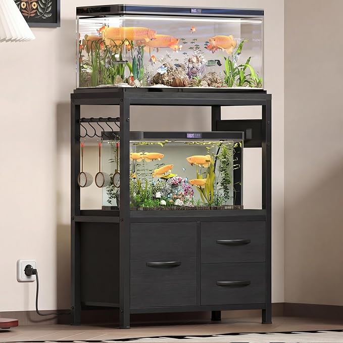 Heybly 10-20 Gallon Fish Tank Stand, Aquarium Stand with Drawer, Power Outlet, Heavy Duty Metal Frame, for Fish Tank, Turtle & Reptile Terrarium, 24.4" × 12.6" Top, 200lbs, Black HAS003SBK