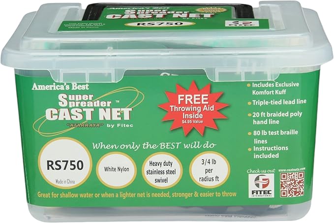 FITEC Super Spreader Nylon Fishing Cast Net, 1/4-Inch X 3-Feet