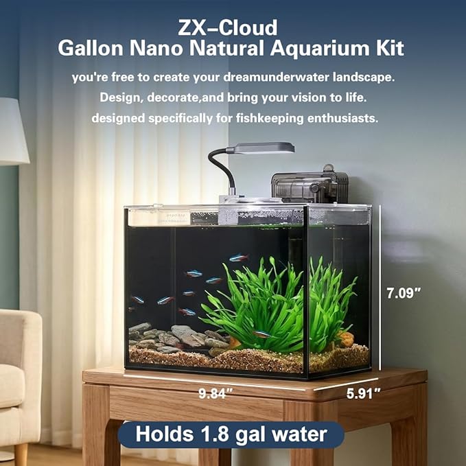Betta Fish Tank,Aquarium Starter kit,1.8 Gallon Fish Tank Kit,Small Aquarium,Small Fish Tank,Ultra-Clear Nano Aquarium with Light,Filter,Cobblestone,Sand and Artificial Plants