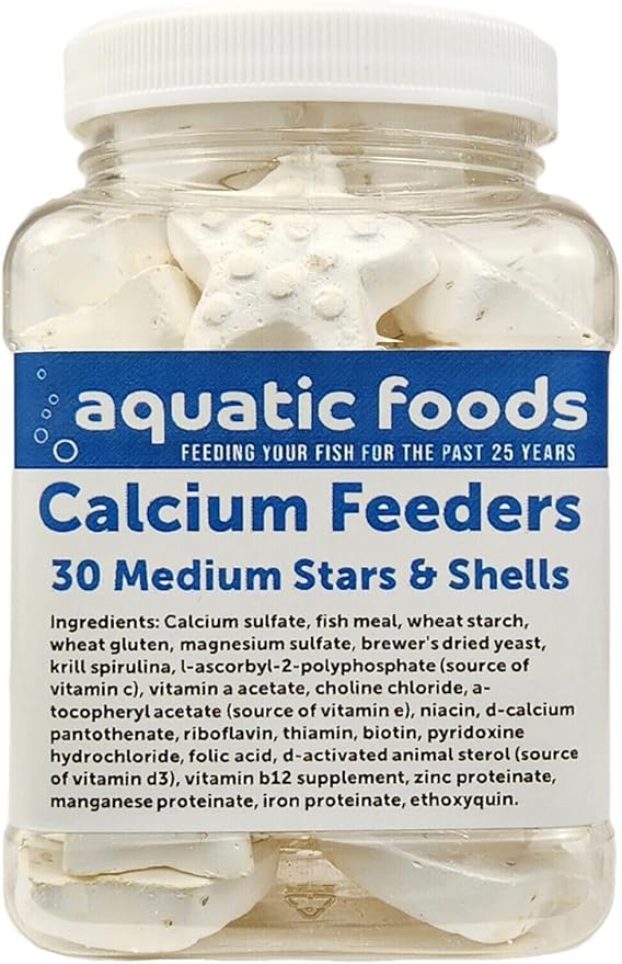 Medium Size Calcium Feeder Stars & Shells for Shrimp, Snails, Crabs, Crayfish, Hermit Crabs and All Tropical Fish…30 Count Jar