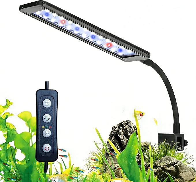 8W Clip-On Aquarium Light - White/Blue/Red, 5 Brightness Levels, Timer (3/6/12H), Aluminum Alloy