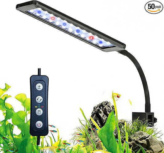 10W Clip-On Aquarium Light - White/Blue/Red,5 Brightness Levels,Timer (3/6/12H)
