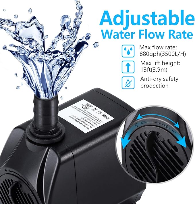 CWKJ Fountain Pump, 880GPH Submersible Water Pump, Durable 60W Outdoor Fountain Water Pump with 6.5ft Power Cord, 3 Nozzles for Aquarium, Pond, Fish Tank, Water Pump Hydroponics, Backyard Fountain