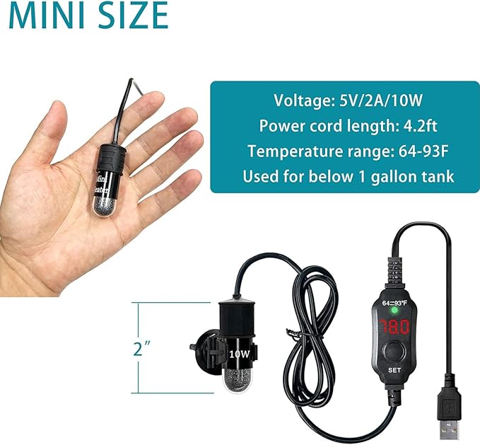 Mini Submersible Aquarium Heater, 25/50/100/150/200/300 Watts Adjustable Fish Tank Heater, Built-in Thermometer, External Temperature Controller, Smart Memory (10 Watts(USB))
