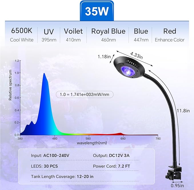 hygger Saltwater Aquarium Light - 35W Dimmable Full Spectrum with 3 Light Modes & Timer, 24/7 Auto Cycle for Refugium, Soft Corals, LPS Marine Tanks, Flexible Gooseneck Mount with Clip