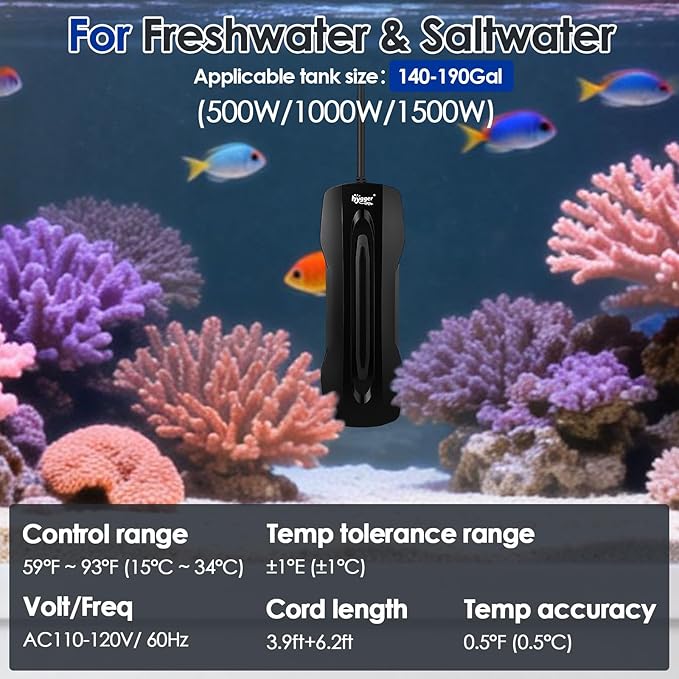 hygger Aquarium Heater Adjustable Triple-Power, Submersible Fish Tank Heater Four Season Power Change, with Digital Controller Abnormal Error Stop Protection for Freshwater Saltwater (500-1000W-1500W)