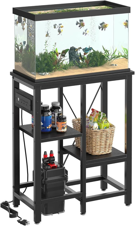 Bestier 10 Gallon Fish Tank Stand with Power Outlet, 20.3x10.6 Metal Aquarium Stand with Filter Storage, 6-Leg Reptile Tank Stand with 3-Tier Adjustable Storage Shelves, 264LBS Capacity，Black Oak