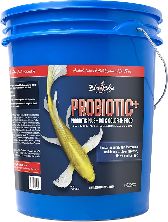 Blue Ridge Fish Food 14lb, Probiotic Plus 3/16" Floating Pellet, Koi Goldfish Food