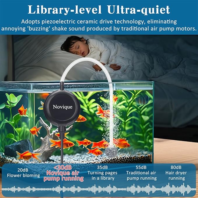 Nano Ultra Quiet Aquarium Air Pump 1.5W Mini Oxygen Aerator with Accessories for 1-15 Gallon Fish Tank Super Silent Black