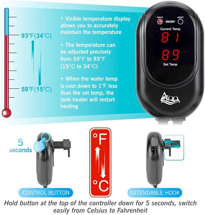 AQQA Aquarium Heater 200W for 45-80 Gallon Submersible Fish Tank Heater for Aquarium Betta Fish Heater Aquarium Thermostat Heater Freshwater and Saltwater (200W for 45-80 Gal)