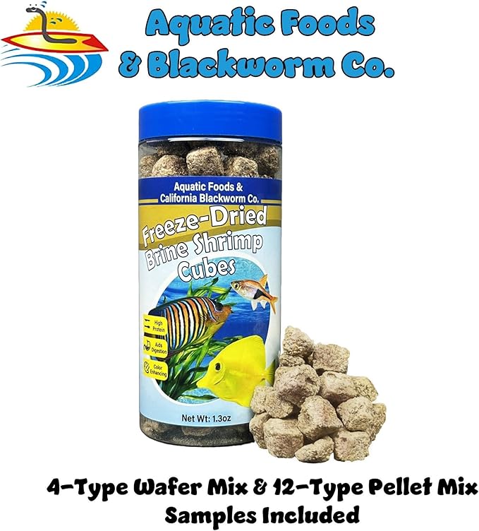 Brine Shrimp, Freeze Dried Floating Brine Cubes for Cichlids, Discus, Tetras, Goldfish, Bettas, Angel Fish, Marines, All Tropicals, Aquatic Turtles 1.3oz Canister