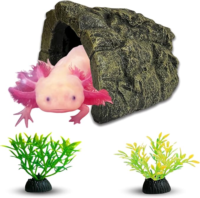 Axolotl Tank Accessories, Aquarium Decor Set with 1 Resin Simulation Rock Cave Hideout and 2 Plastic Artificial Plants, Fish Tank Decorations, Axolotl Tank Decor