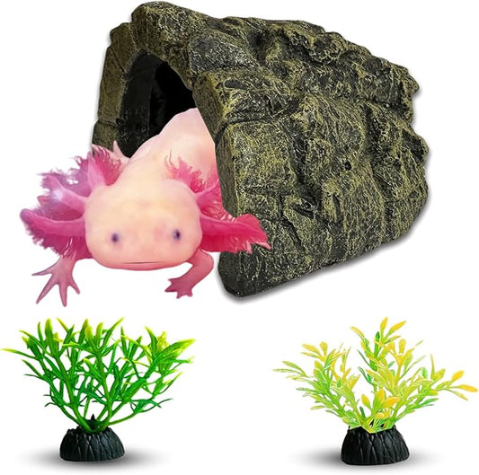 Axolotl Tank Accessories, Aquarium Decor Set with 1 Resin Simulation Rock Cave Hideout and 2 Plastic Artificial Plants, Fish Tank Decorations, Axolotl Tank Decor