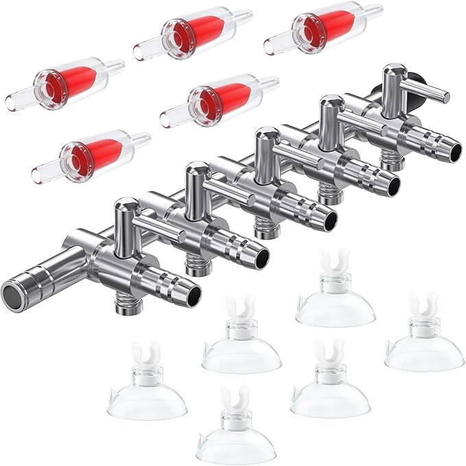 Pawfly 5-Way Aquarium Air Flow Control Lever Valve Manifold for Air Pumps Fish Tank Multi-Port Distributor Splitter with 5 Non-Return Check Valves and 6 Suction Cup Clips