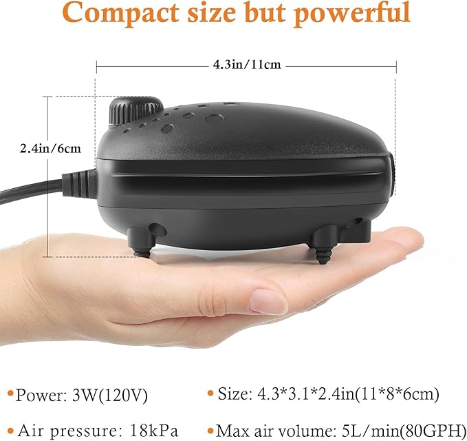 HITOP 3W 80GPH Adjustable Aquarium Air Pump, Upgrade Quiet Oxygen Pump, Powerful Air Aerator for Fish Tank up to 120 Gallon