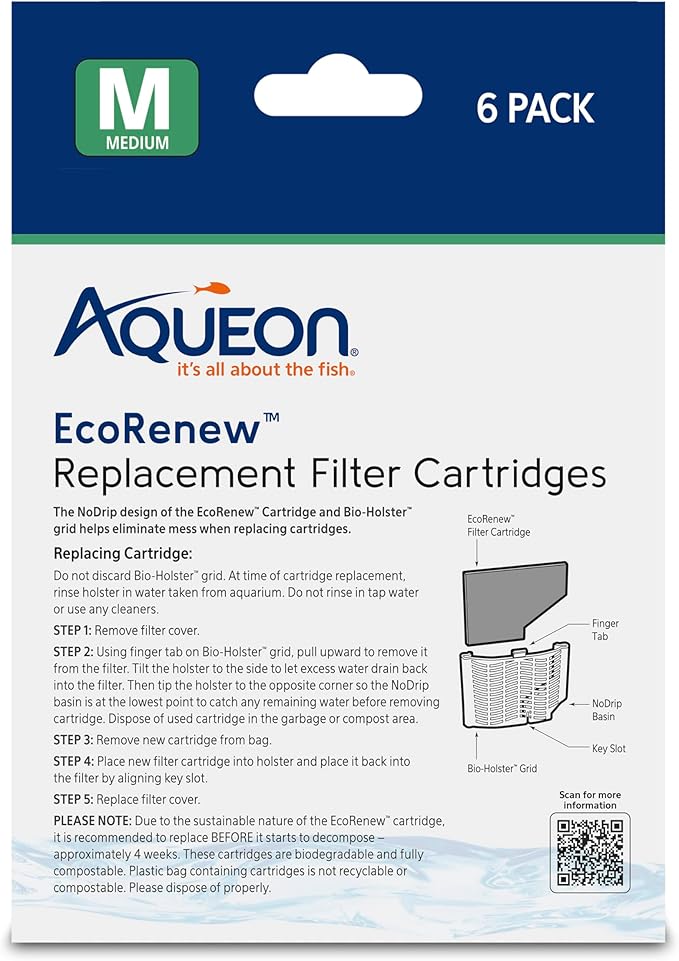 Aqueon Genuine EcoRenew Filter Cartridges, for Freshwater and Saltwater Aquariums, Medium, 6-Pack