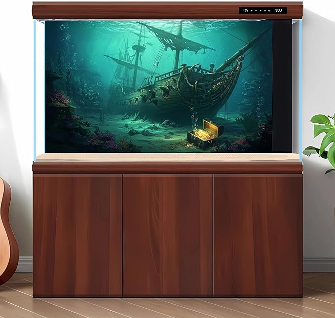 Sunken Pirate Ship Aquarium Background Deep Sea Ocean Floor Sand Corals Treasure Chest Fish Tank Background Broken Masts Tattered Sails Aquatic Plants Terrarium Backgrounds for Tank Decors 30x12in