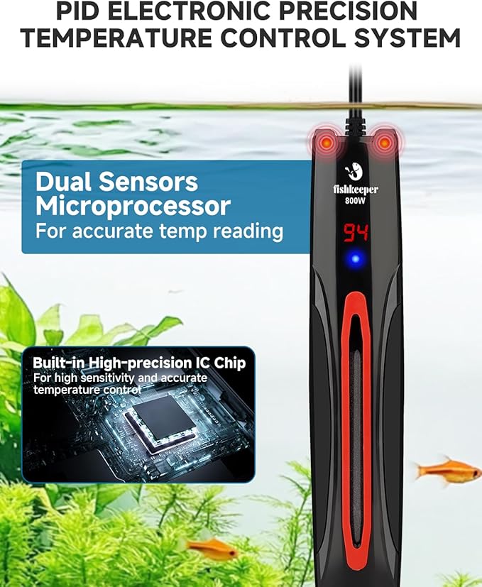 fishkeeper 800W Adjustable Submersible Aquarium Heater - PID Electronic Smart Thermostat Fish Tank Heater with Out-of-Water/Run-Dry/Overheat/Low-Temp Safrty Protection for 40-220 Gallon Fish Tanks