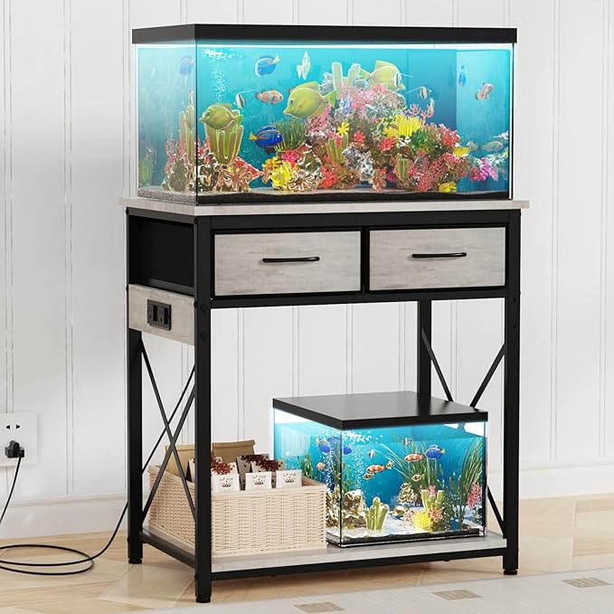 20-29-37 Gallon Fish Tank Stand with Power Outlet, Heavy Duty Metal Aquarium Stand with Two Storage Drawers for Fish Tank Accessories Storage, Perfect for Turtle Tank, Reptile Terrarium, Grey