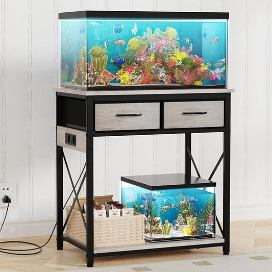 20-29-37 Gallon Fish Tank Stand with Power Outlet, Heavy Duty Metal Aquarium Stand with Two Storage Drawers for Fish Tank Accessories Storage, Perfect for Turtle Tank, Reptile Terrarium, Grey