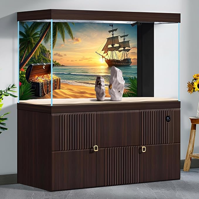 Beach Aquarium Background Pirate Ship Tropic Island Treasure Chest Fish Tank Background Sunset Vintage Pirates Sailing Old Ship Ocean Seascape Terrarium Backgrounds for Tank Backgrounds Decors 36x24in