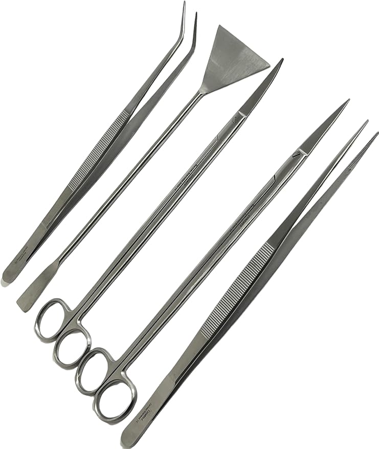GERMAN FISH AQUARIUM CLEANING KIT STAINLESS 5PCS WITH POUCH BASIC TOOLS SCISSORS TWEEZERS SPATULA CYNAMED