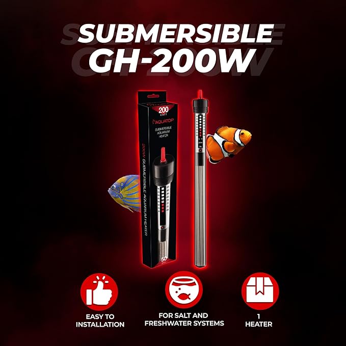 Aquatop 200W Submersible Aquarium Glass Heater – Adjustable Temperature for Tanks Up to 50 Gallons, Freshwater & Saltwater Use, GH-200