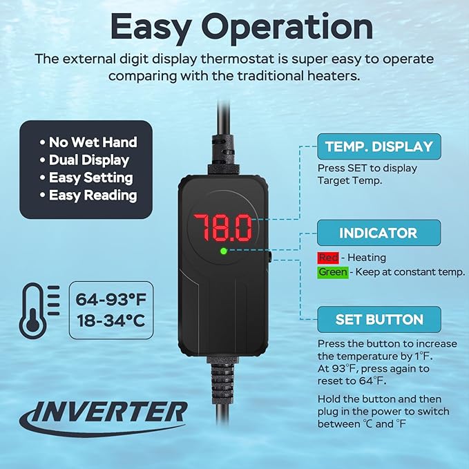AquaMiracle Aquarium Heater, 100W Submersible Fish Tank Heater with LED Digital Display, Overheat Protection & Auto Power-Off When Out of Water, for Freshwater and Saltwater Fish Tanks (10-20 Gal)