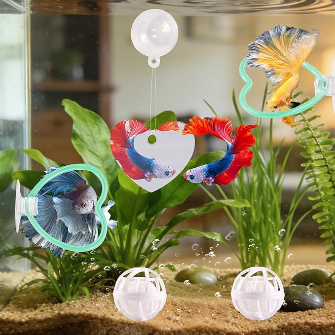 Betta Fish Toys, 2 PCS Heart Fish Exercise Ring and Nitrifying Balls Set, Heart Betta Mirror Toy Set, Feeding Ring with Suction Cup, Fishing Tank Accessories for Gifts (Green)