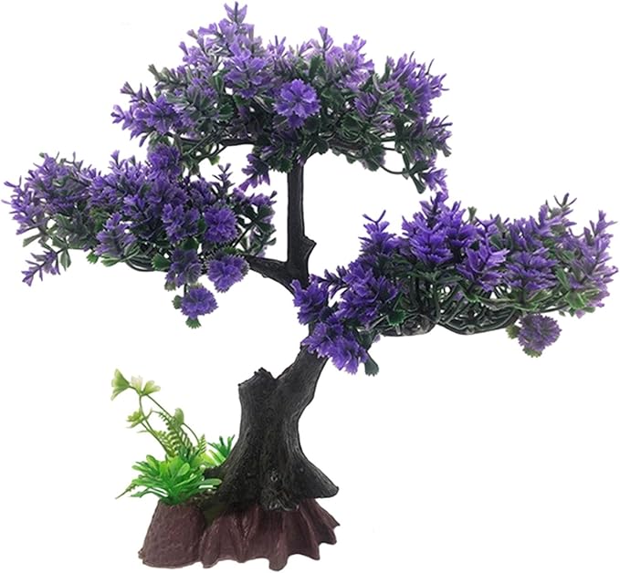 Aquarium Artificial Plants Decor, Cherry Blossom Tree with Grass Set, Pink Plastic, 9.44x3.54x2.75 Inches, for Nature Underwater Landscape (Purple)
