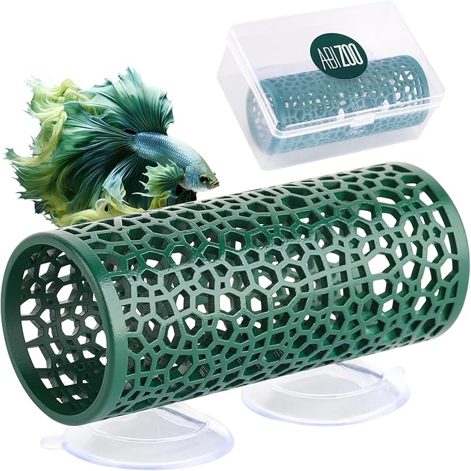 Abizoo Betta Toys - Dark Green Hollow Betta Fish Tunnel & Reptile Hide - Safe Enrichment Aquarium Decor