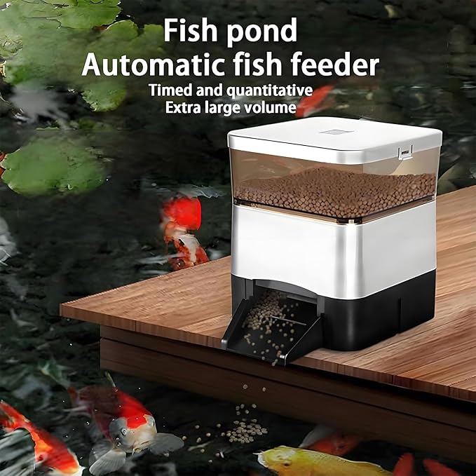 Automatic Pond Fish Food Dispenser, Auto Timed Koi Pellet Feeder, 10 L Large Capacity Support WiFi and Solar Panel Charging for Pond Indoor & Outdoor, Animal-Proof(Black)