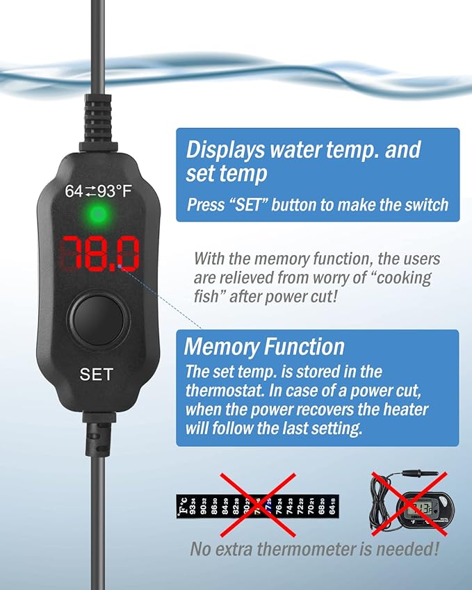 AquaMiracle Aquarium Heater 50W Fish Tank Heater for 5-10 Gal Tanks, LED Digital Display Thermostat Turtle Heater with Out-of-Water Auto Shut-Off, Overheat Protection & Memory Function