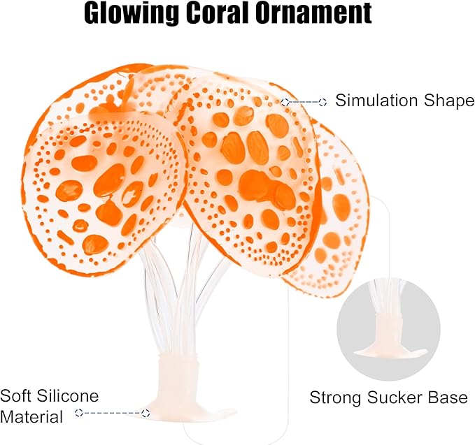 VOCOSTE Soft Silicone Glowing Aquarium Simulation Coral with Sucker, Fluorescence Aquatic Artificial Water Plants for Fish Tank Decoration, Orange