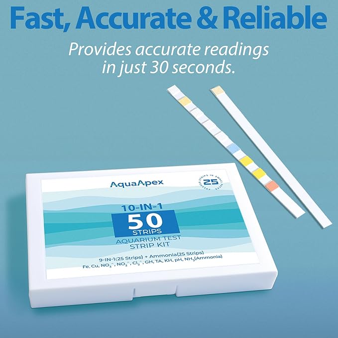 10-in-1 Ammonia Test kit Aquarium (25 Multi-Test + 25 Ammonia Strips) for Freshwater & Saltwater | Aquarium Test Strips for Fish Tank,Ponds | Test Nitrate,Nitrite,Hardness,pH & More.