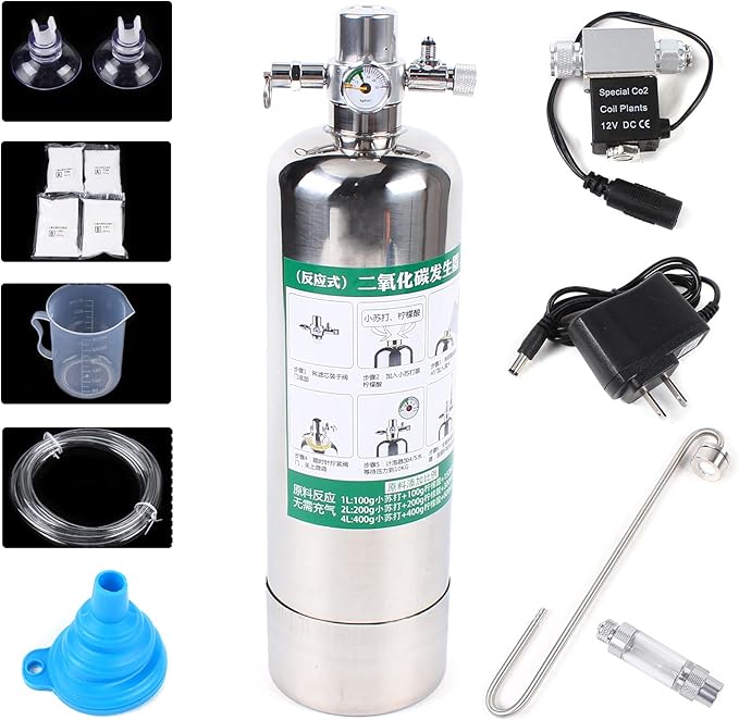 2L Co2 Generator System with Dual Gauge Display Pressure Gauge, DIY Co2 Generator System Kit w/6.56ft Air Hose, Automatic Pressure Relief Valve Bubble Counter for Plants Aquarium, Stable Output