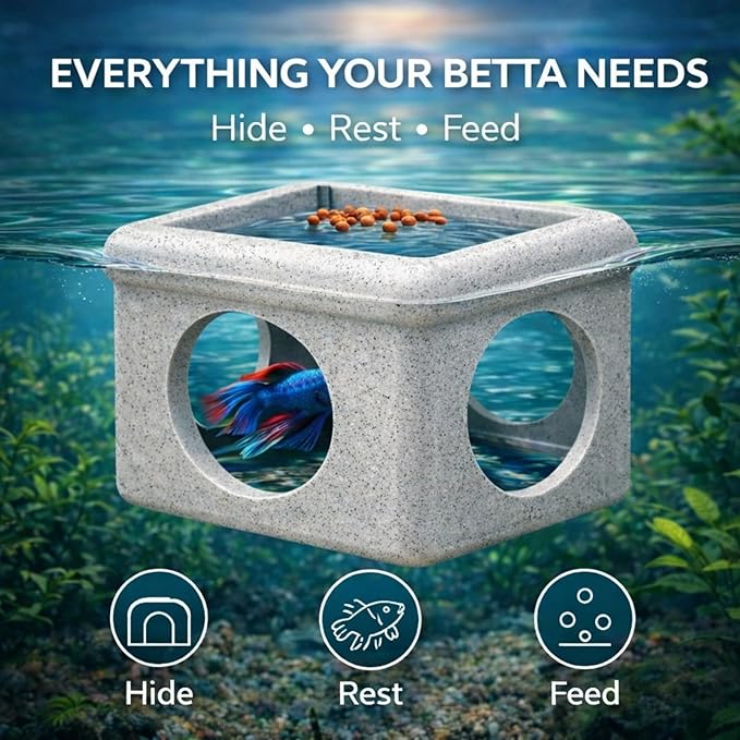 CPLIKE Marble Floating Betta Fish Hideout with Viewing Window & Round Holes – Floating Cave Hammock, Feeding Platform & Rest Tunnel – Betta Fish Shelter for Nano Tanks, Bowls & Small Aquariums
