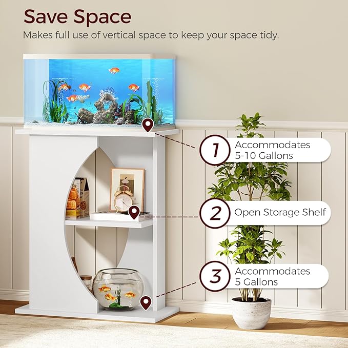MAHANCRIS 10 Gallon Fish Tank Stand, Wooden Aquarium Stand with 3-Tier Storage Shelves, Heavy Duty Turtle Reptile Terrarium Tank Stand for Home Office, 23.6" L x 11.8" W x 29.9" H, White FTWT7601